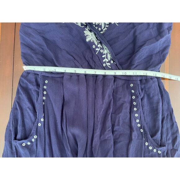 Love, Fire Romper Womens Large Floral Embroidered Stretch Navy Blue Pockets - Picture 8 of 10